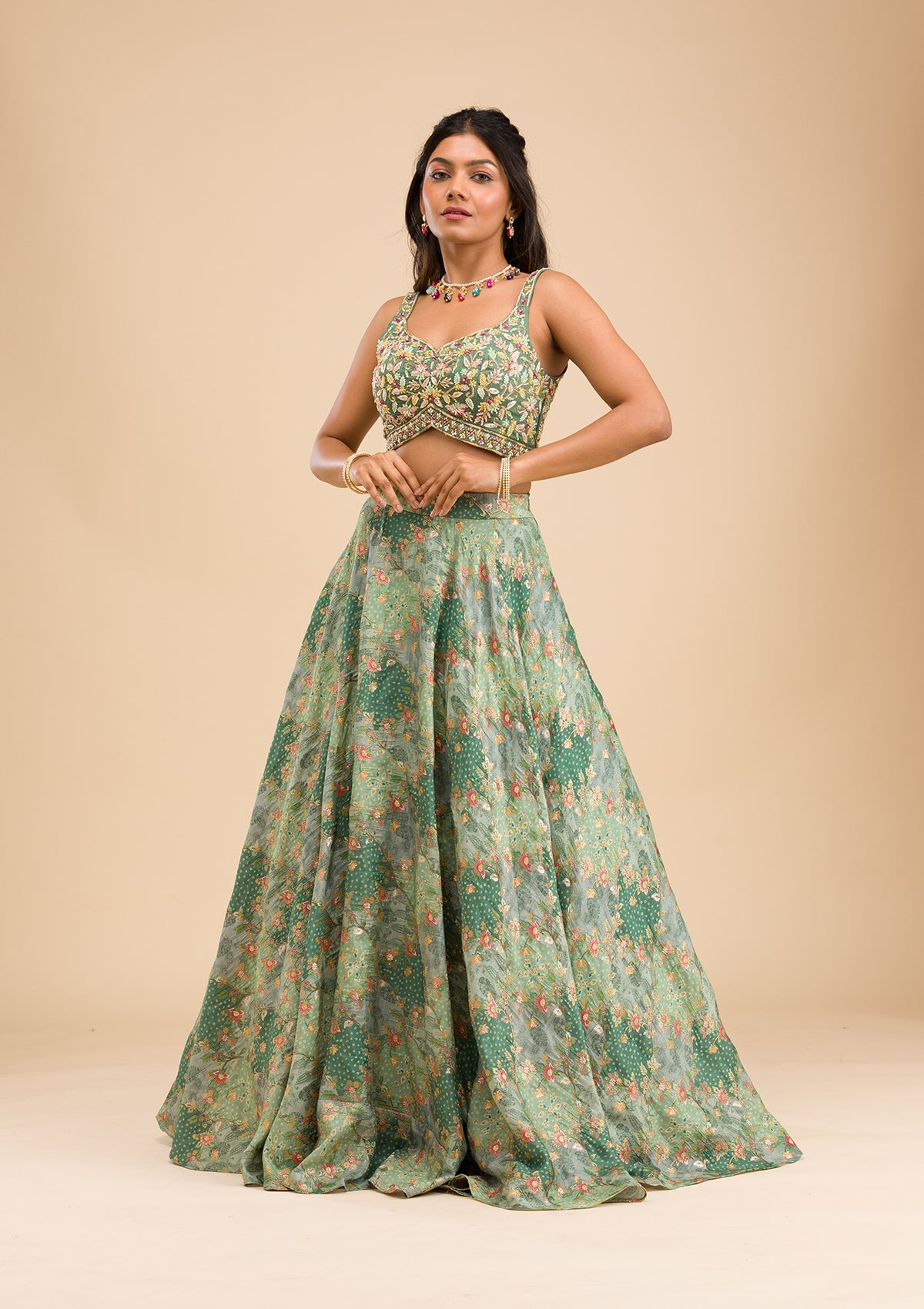 Pista Green Printed Raw Silk Readymade Lehenga-Koskii