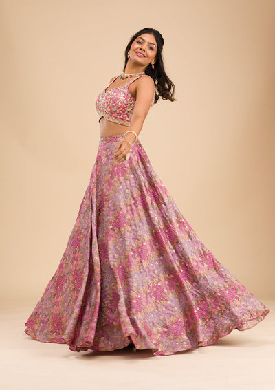 Onion Pink Printed Raw Silk Readymade Lehenga-Koskii