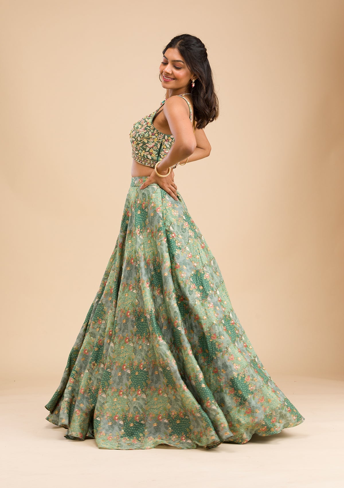 Pista Green Printed Raw Silk Readymade Lehenga-Koskii