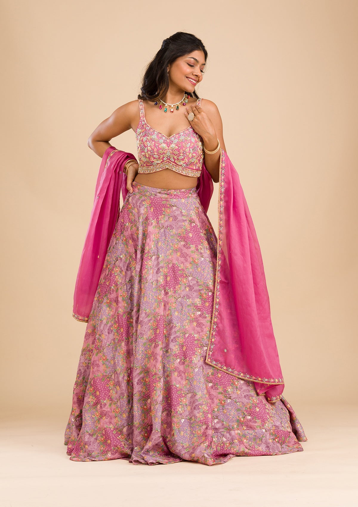 Onion Pink Printed Raw Silk Readymade Lehenga-Koskii