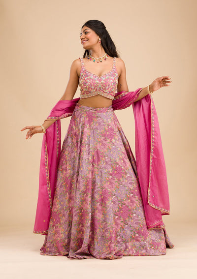 Onion Pink Printed Raw Silk Readymade Lehenga-Koskii