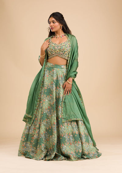 Pista Green Printed Raw Silk Readymade Lehenga-Koskii