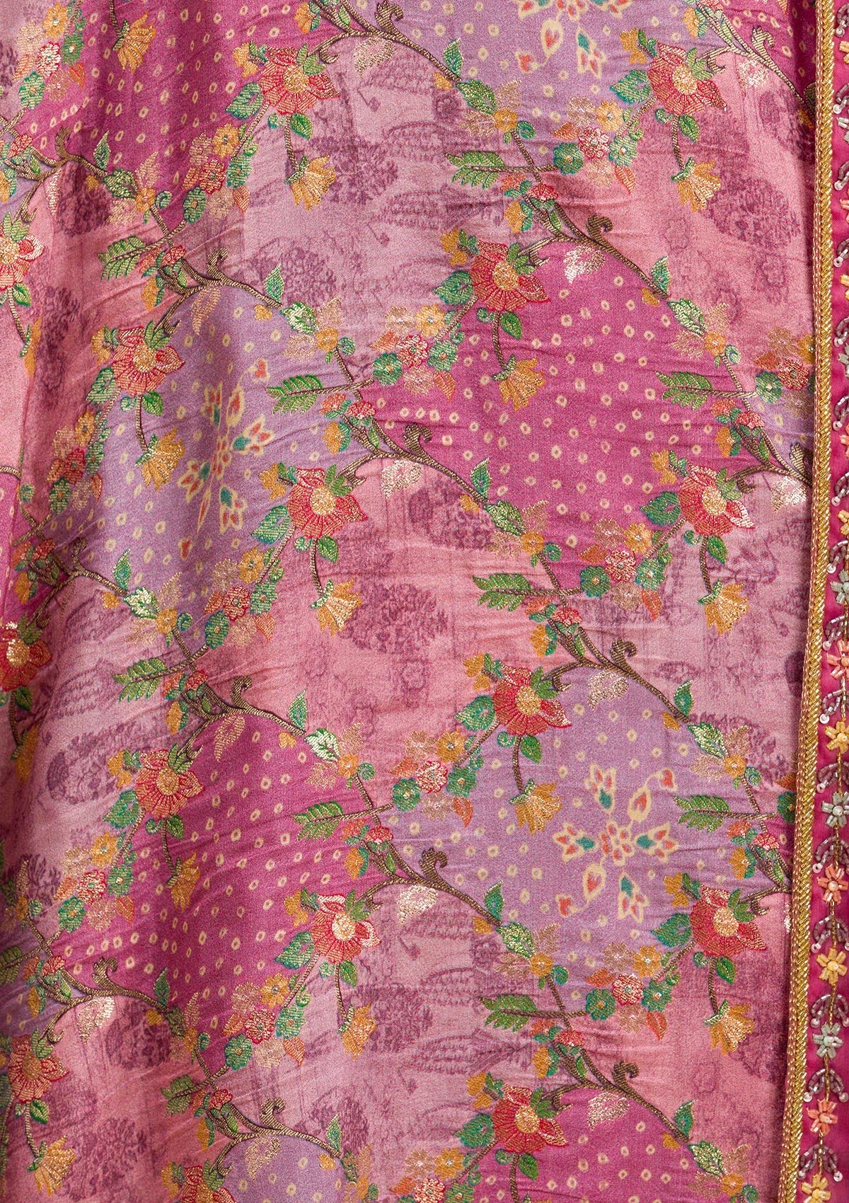 Onion Pink Printed Raw Silk Readymade Lehenga-Koskii