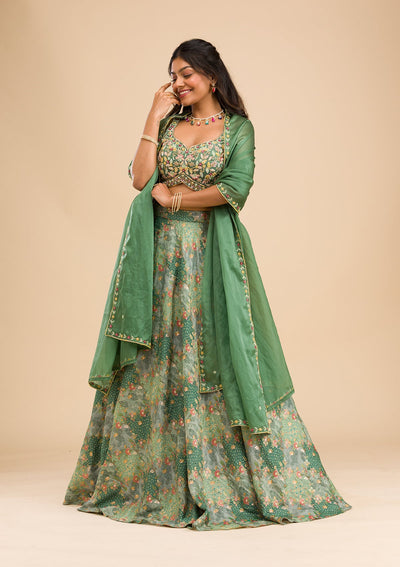 Pista Green Printed Raw Silk Readymade Lehenga-Koskii