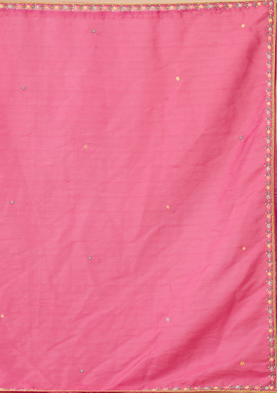 Onion Pink Printed Raw Silk Readymade Lehenga-Koskii