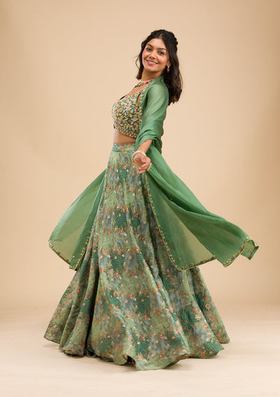 Pista Green Printed Raw Silk Readymade Lehenga-Koskii