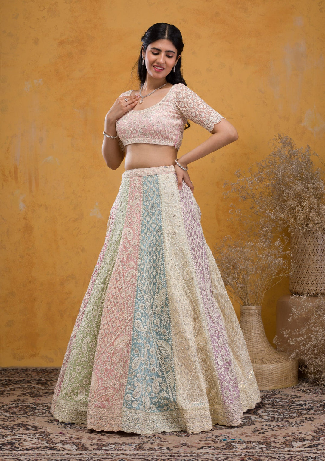 Multi Threadwork Net Readymade Lehenga-Koskii