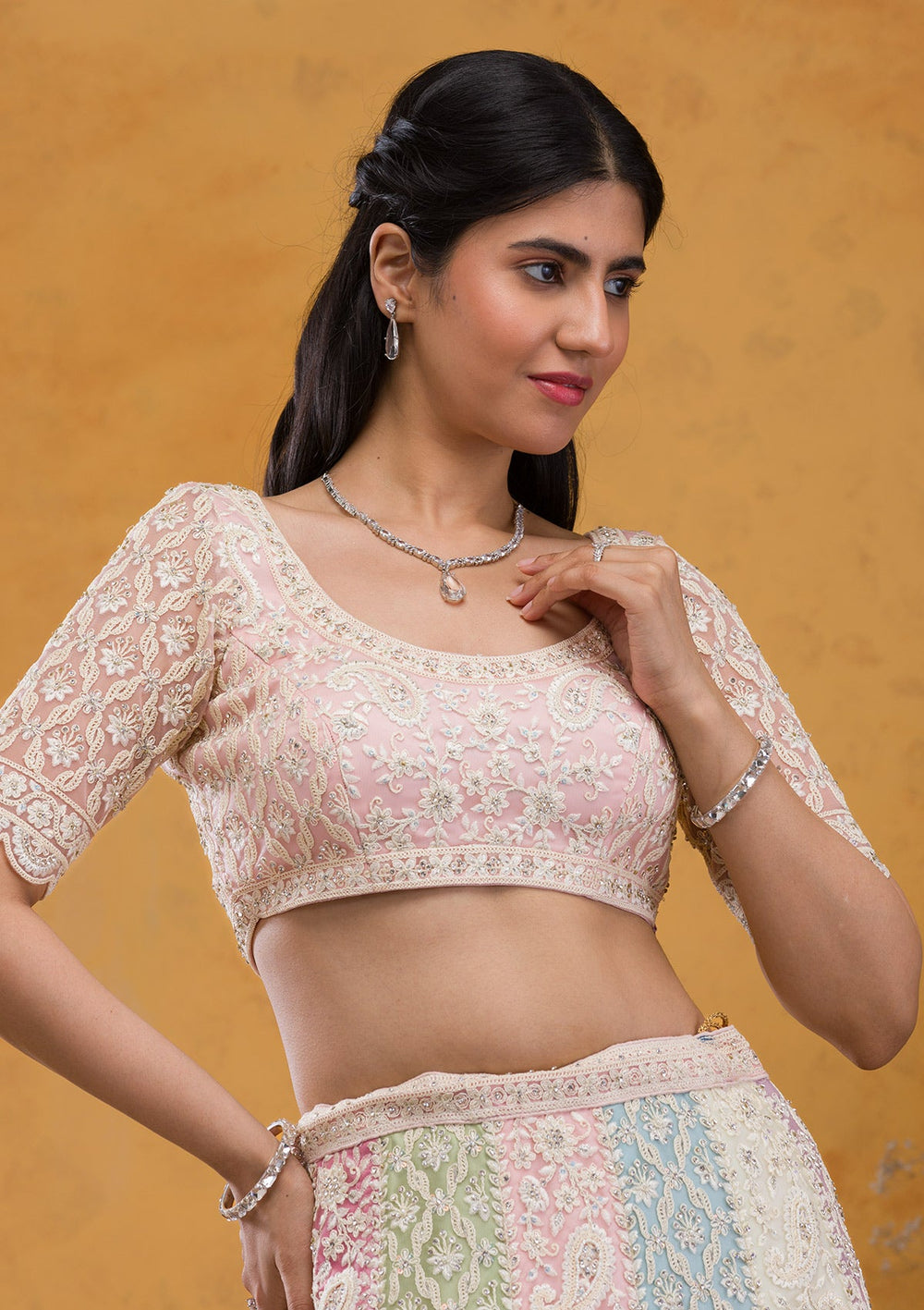 Multi Threadwork Net Readymade Lehenga-Koskii