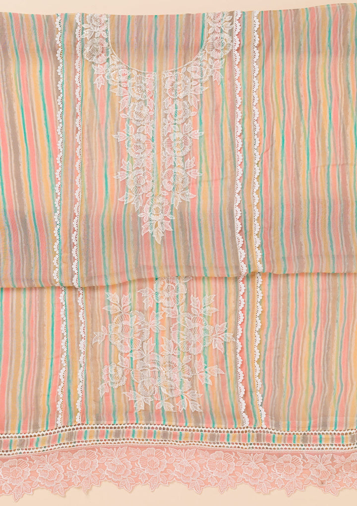 Peach Threadwork Semi Crepe Unstitched Salwar Suit-Koskii