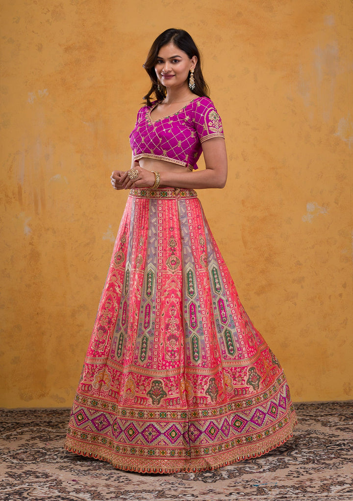 Rani Pink Zariwork Banarasi Readymade Lehenga-Koskii