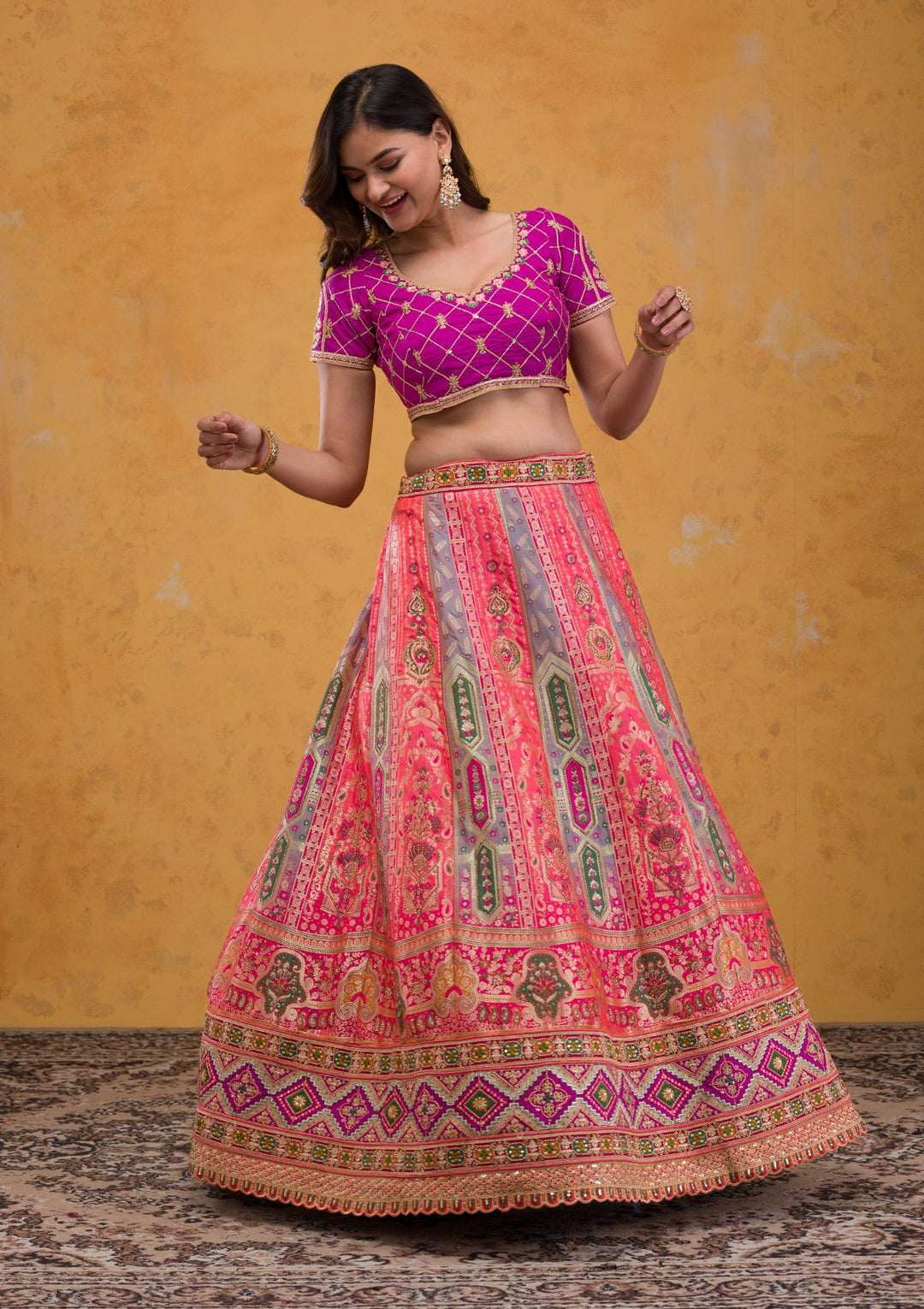 Rani Pink Zariwork Banarasi Readymade Lehenga-Koskii