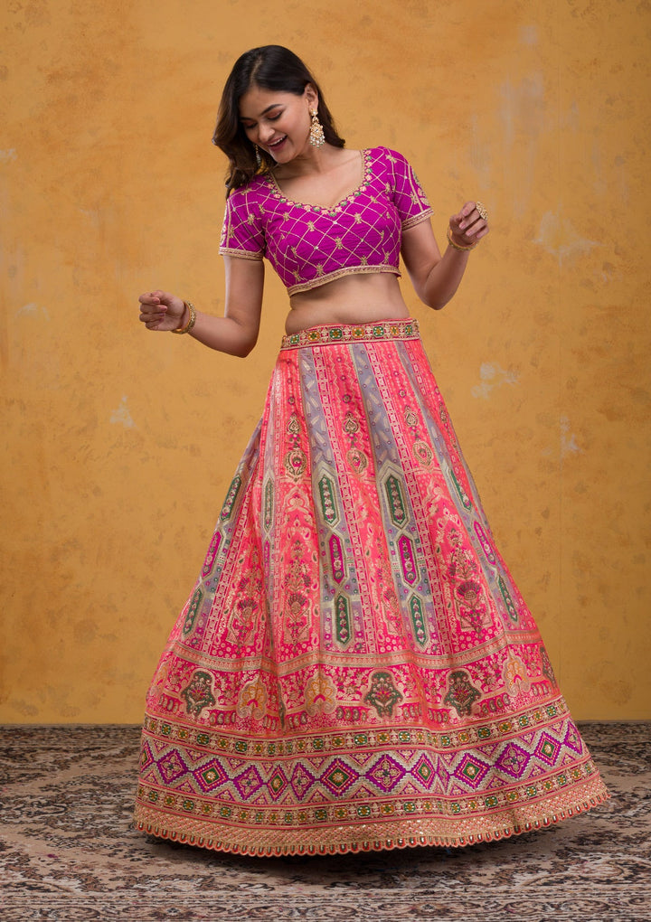Rani Pink Zariwork Banarasi Readymade Lehenga-Koskii