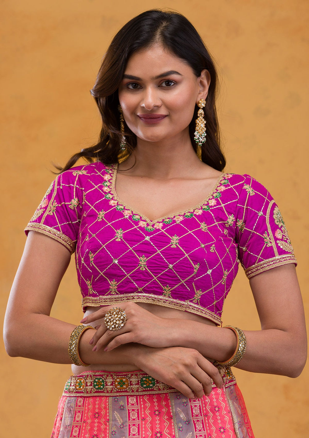 Rani Pink Zariwork Banarasi Readymade Lehenga-Koskii
