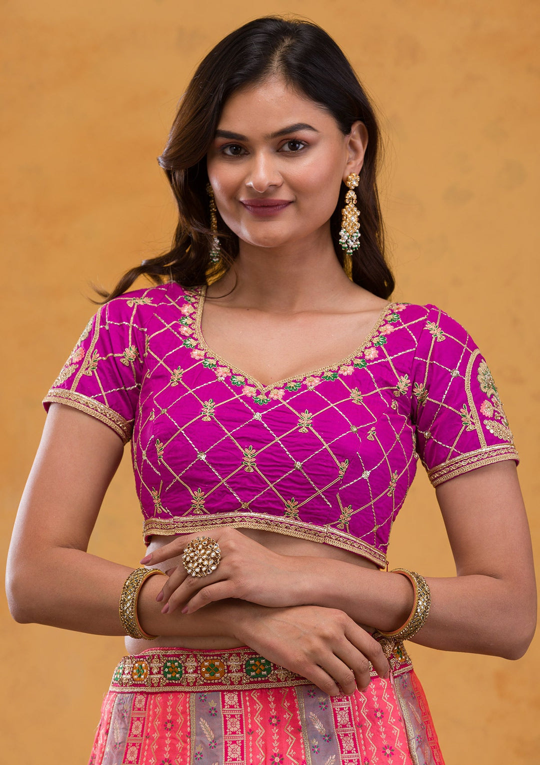 Rani Pink Zariwork Banarasi Readymade Lehenga-Koskii
