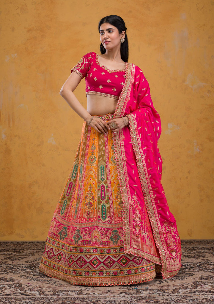 Mustard Zariwork Banarasi Readymade Lehenga-Koskii