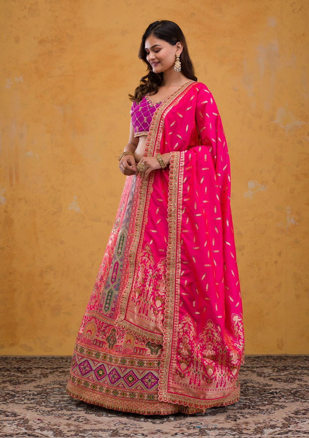 Rani Pink Zariwork Banarasi Readymade Lehenga-Koskii