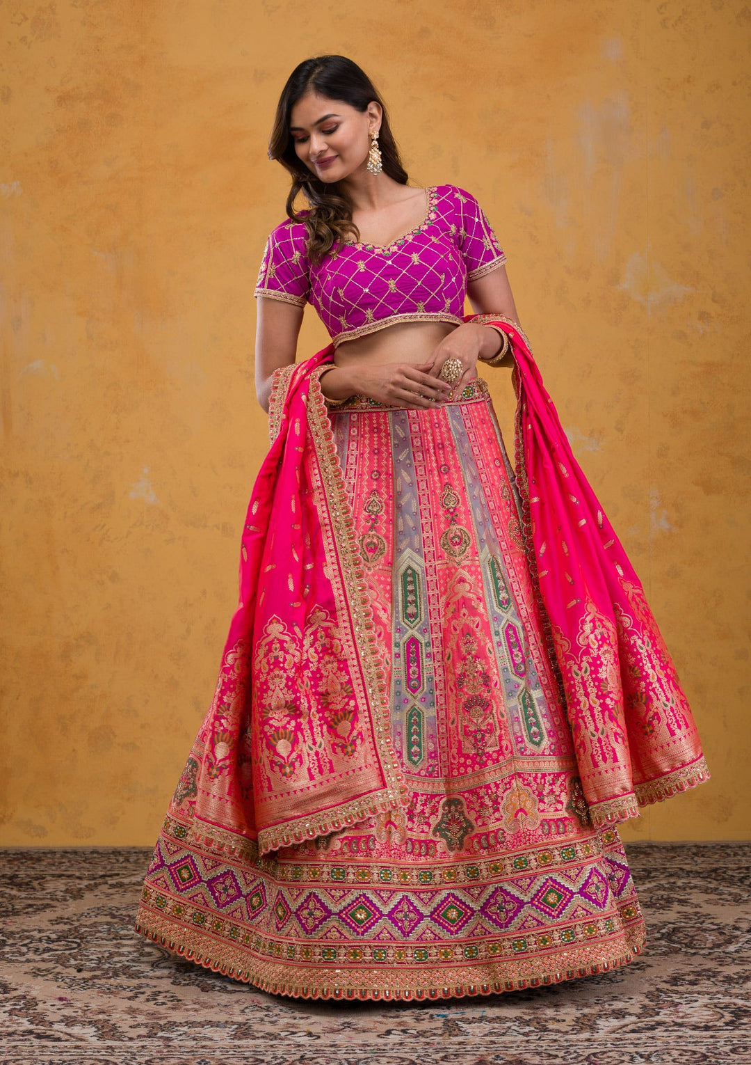 Rani Pink Zariwork Banarasi Readymade Lehenga-Koskii