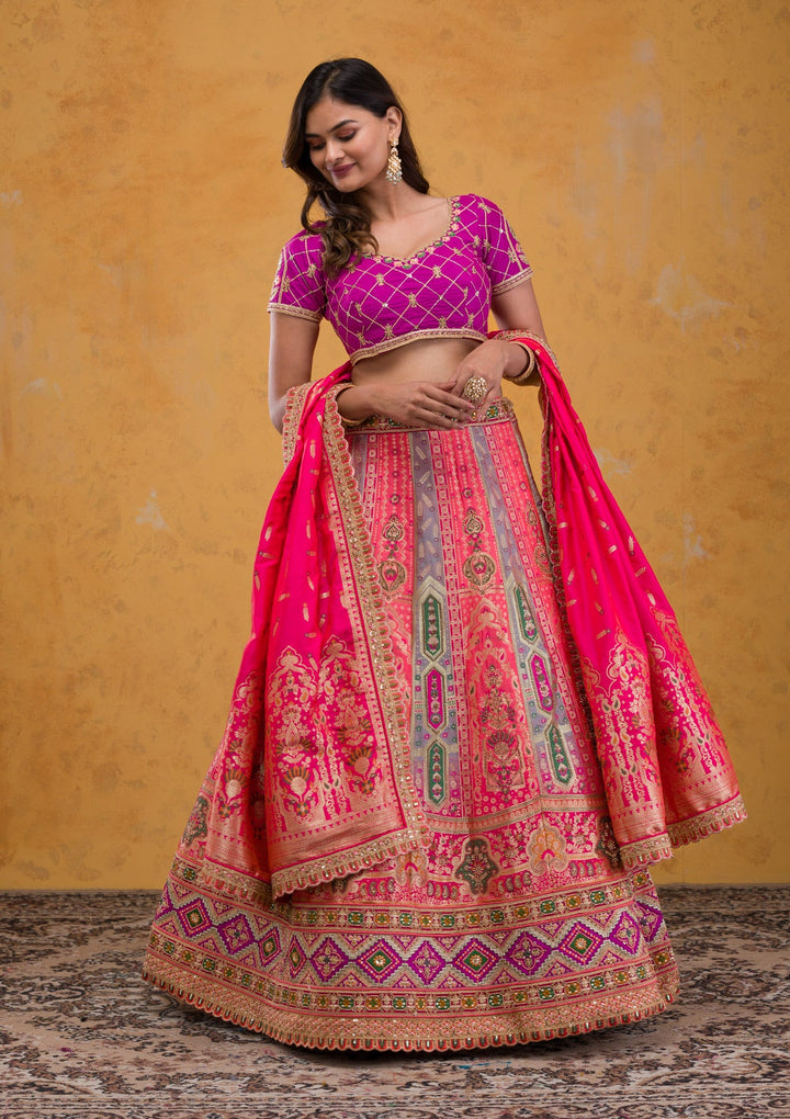 Rani Pink Zariwork Banarasi Readymade Lehenga-Koskii