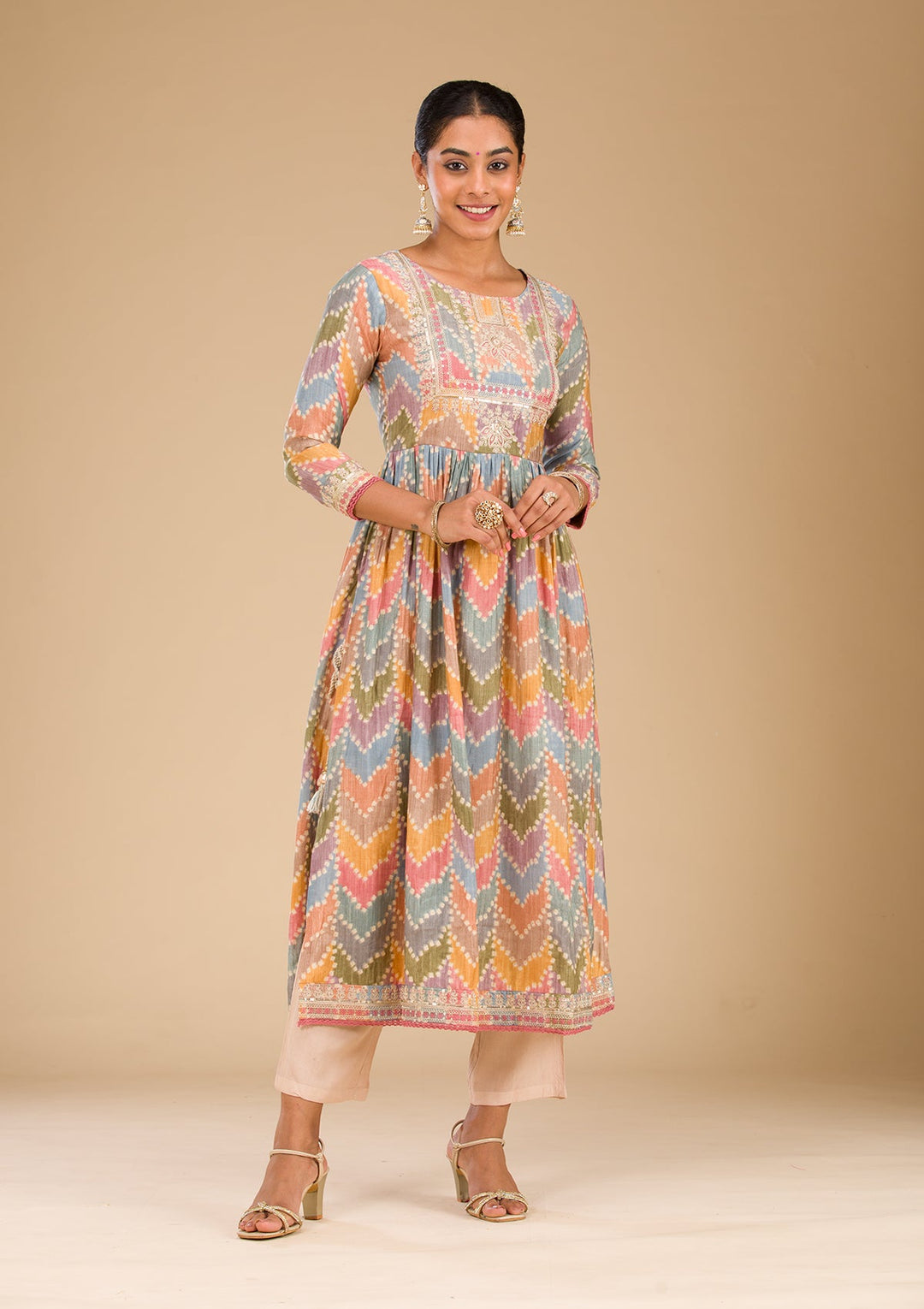 Multi Zariwork Semi Crepe Readymade Salwar Suit