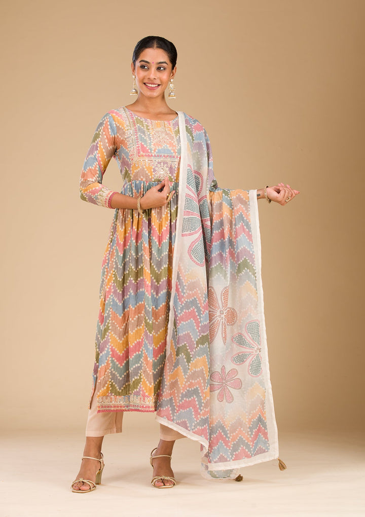 Multi Zariwork Semi Crepe Readymade Salwar Suit