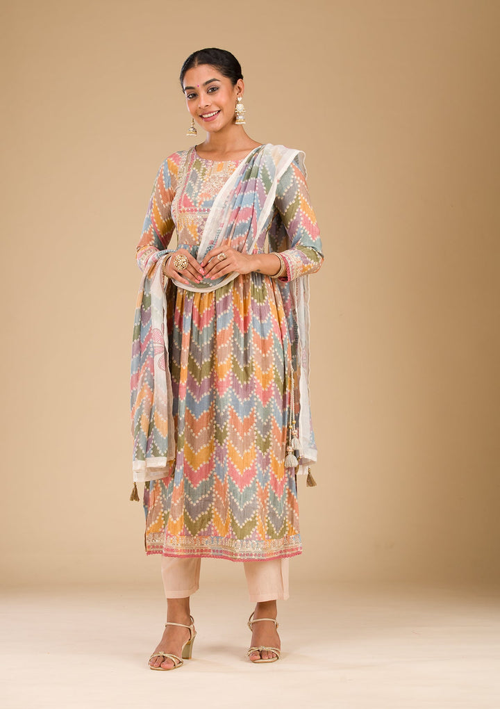 Multi Zariwork Semi Crepe Readymade Salwar Suit