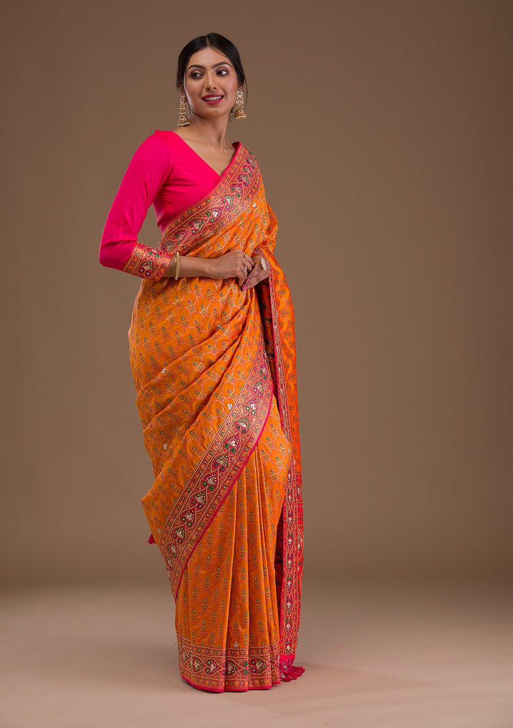Mustard Cutdana Banarasi Silk Saree-Koskii