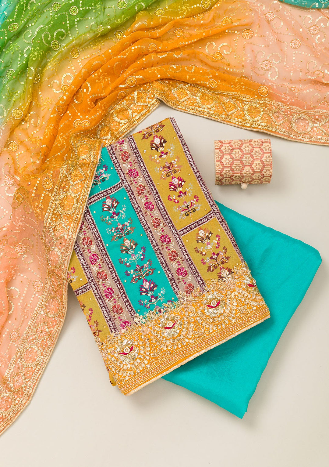 Mustard Cutdana Chiffon Unstitched Salwar Suit-Koskii