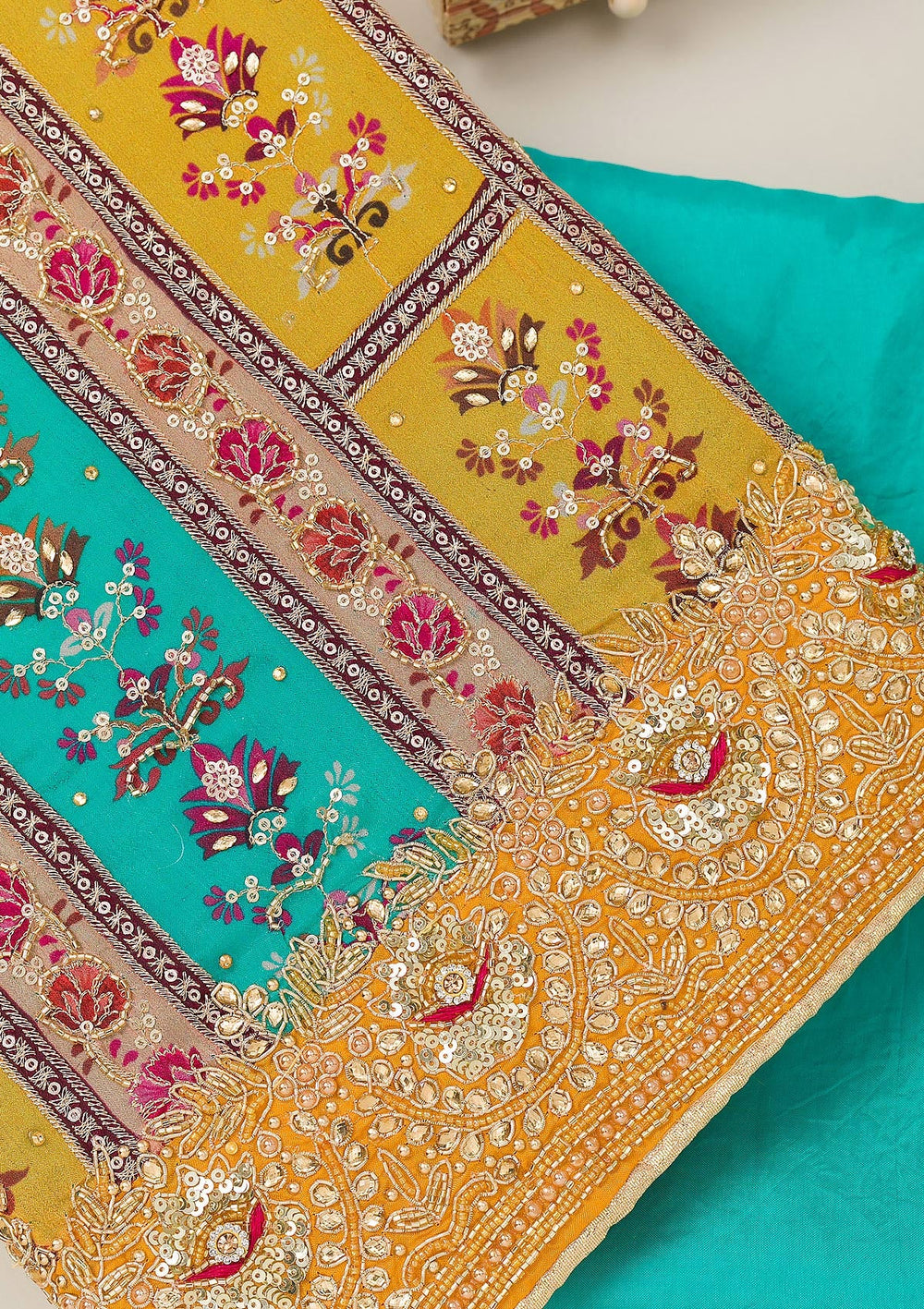 Mustard Cutdana Chiffon Unstitched Salwar Suit-Koskii