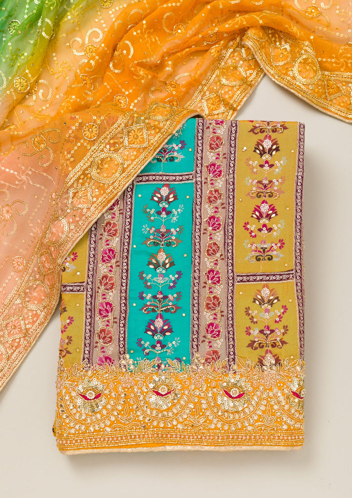 Mustard Cutdana Chiffon Unstitched Salwar Suit-Koskii