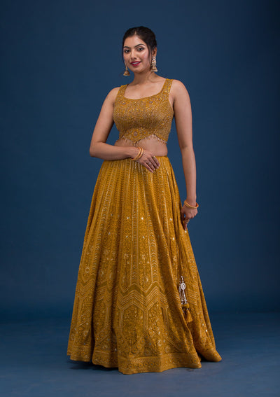 Mustard Cutdana Georgette Readymade Lehenga-Koskii