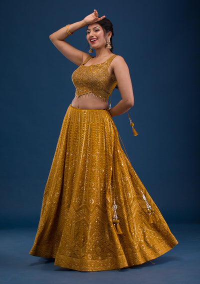 Mustard Cutdana Georgette Readymade Lehenga-Koskii