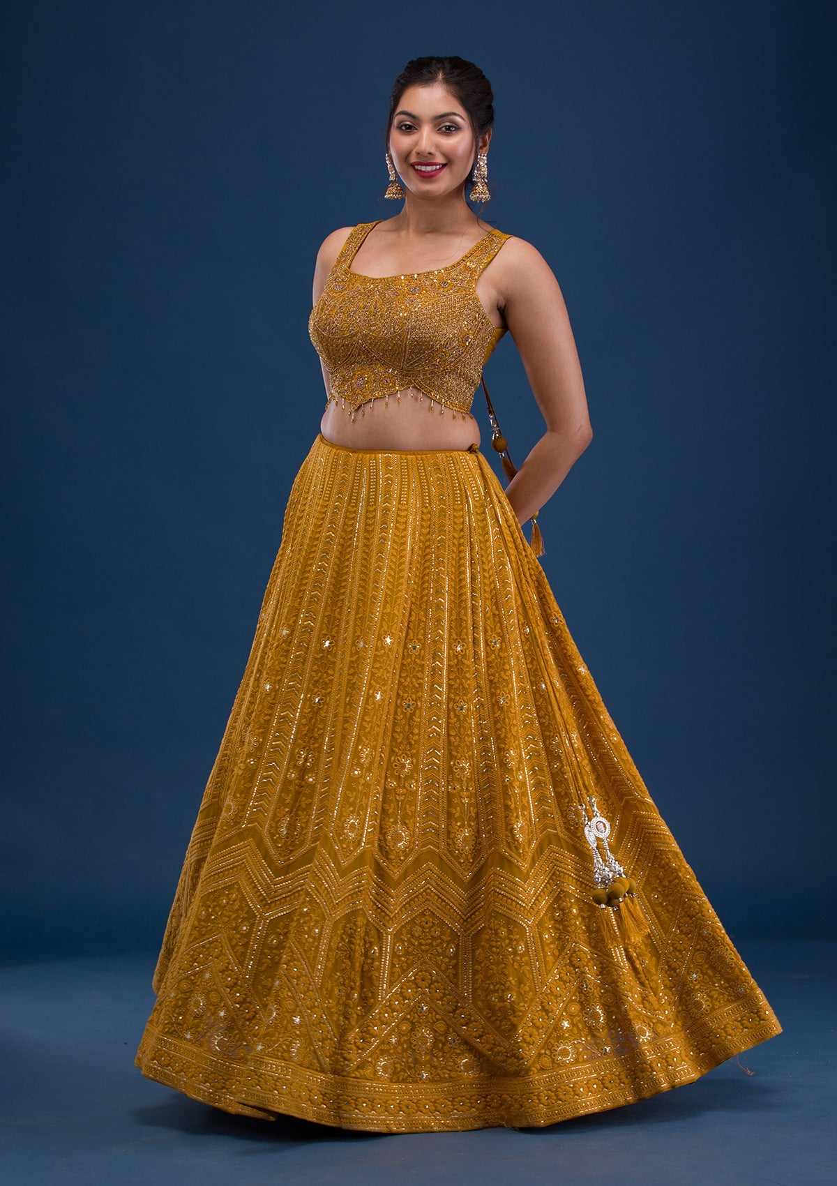 Mustard Cutdana Georgette Readymade Lehenga-Koskii