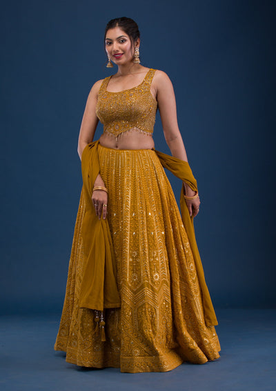 Mustard Cutdana Georgette Readymade Lehenga-Koskii