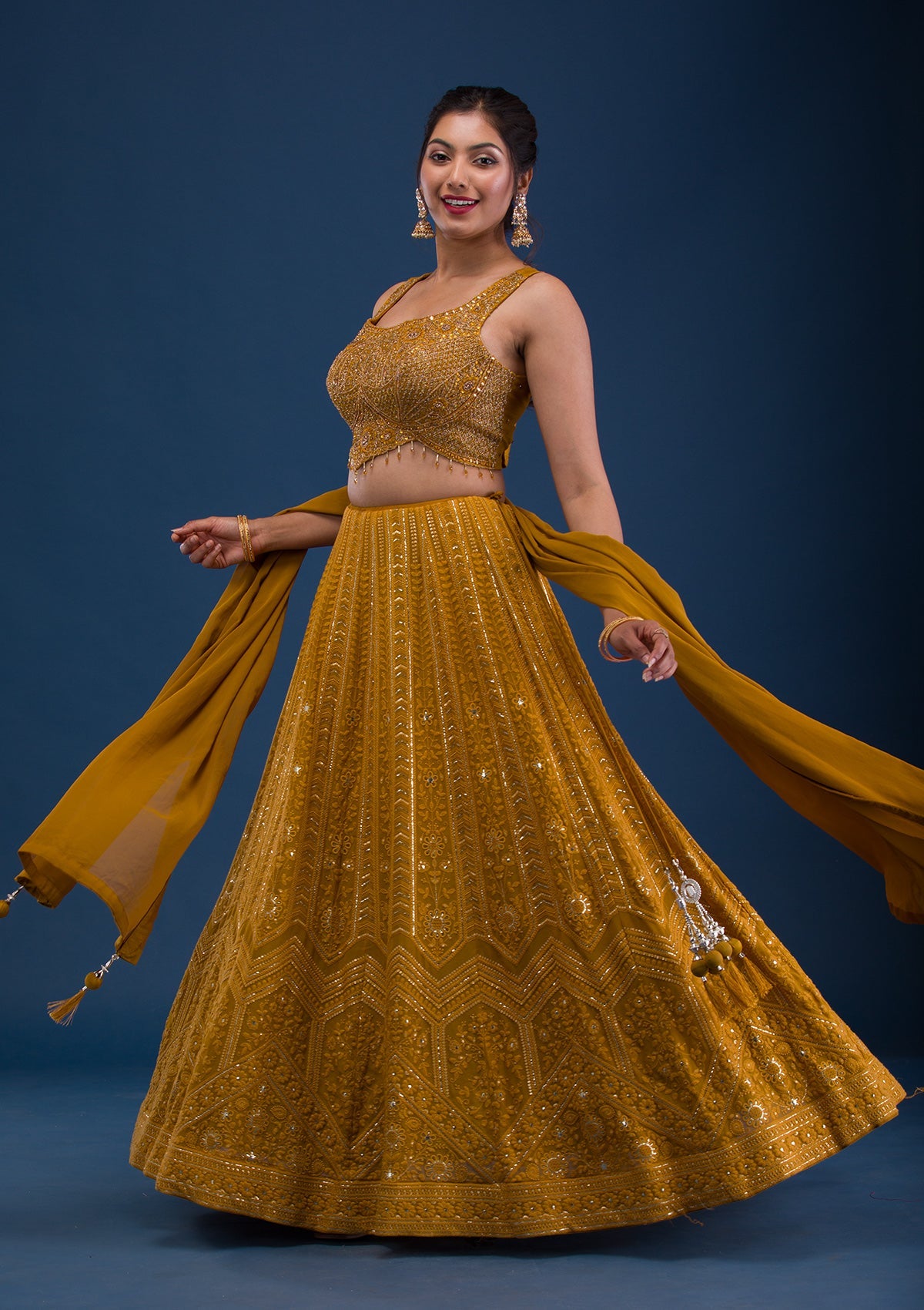 Mustard Cutdana Georgette Readymade Lehenga-Koskii