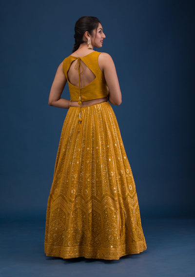 Mustard Cutdana Georgette Readymade Lehenga-Koskii