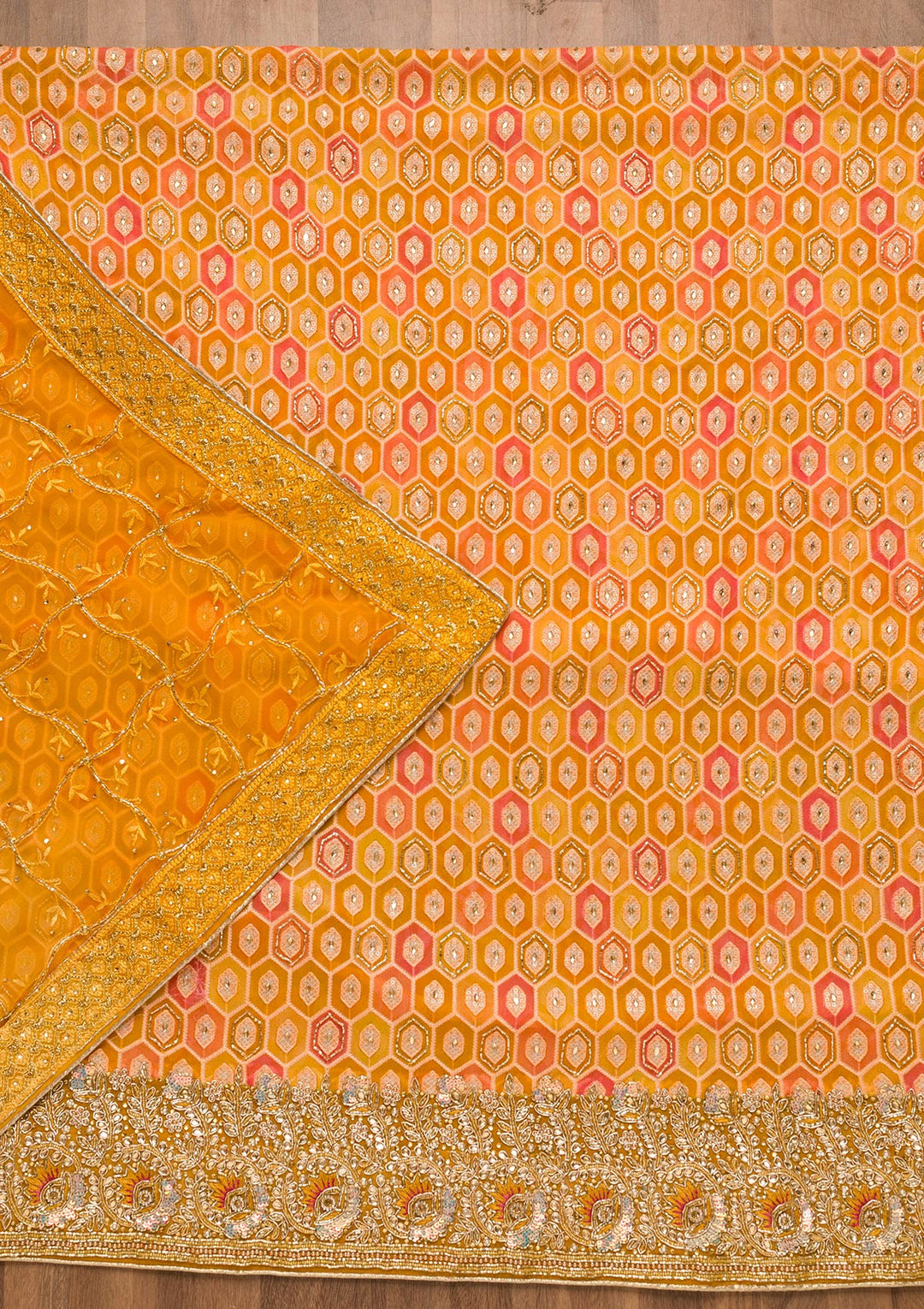 Mustard Cutdana Georgette Unstitched Salwar Suit-Koskii