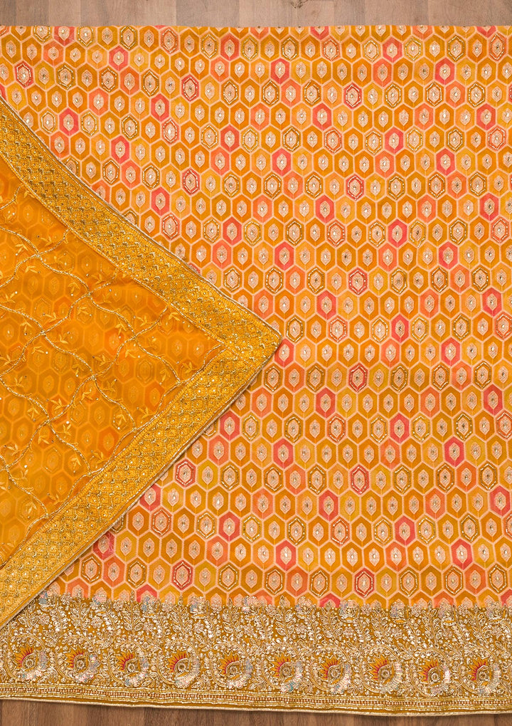 Mustard Cutdana Georgette Unstitched Salwar Suit-Koskii