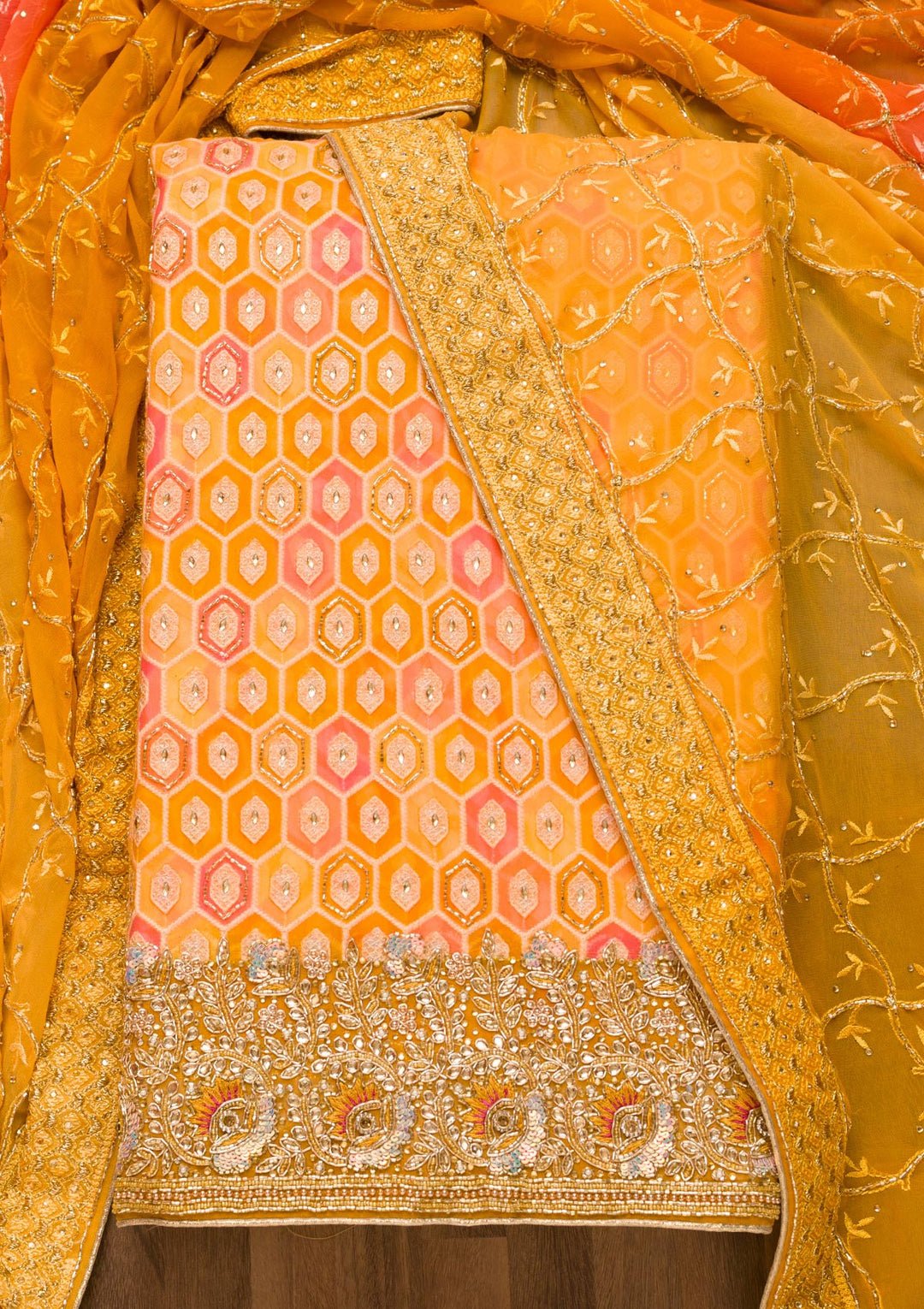Mustard Cutdana Georgette Unstitched Salwar Suit-Koskii