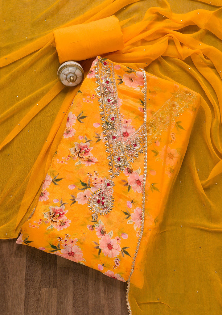 Mustard Cutdana Semi Crepe Unstitched Salwar Suit-Koskii