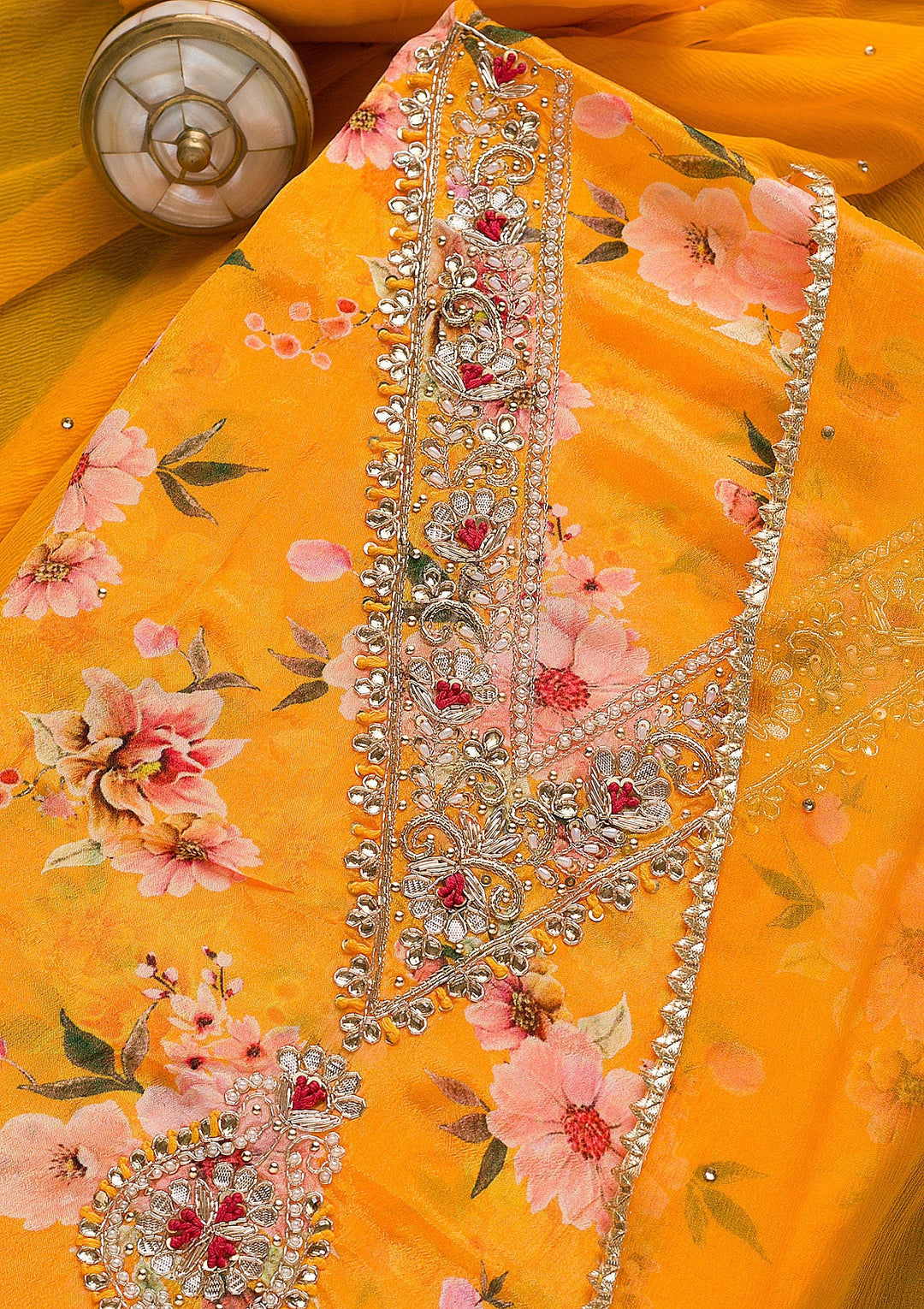 Mustard Cutdana Semi Crepe Unstitched Salwar Suit-Koskii