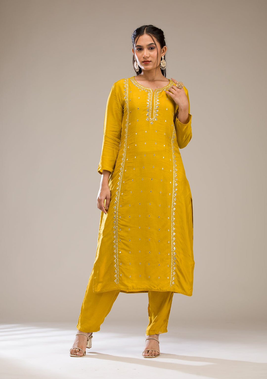 Mustard Gotapatti Semi Crepe Readymade Salwar Suit-Koskii