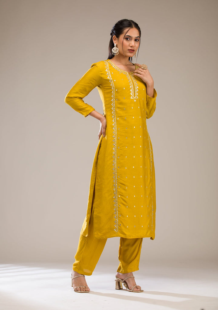 Mustard Gotapatti Semi Crepe Readymade Salwar Suit-Koskii