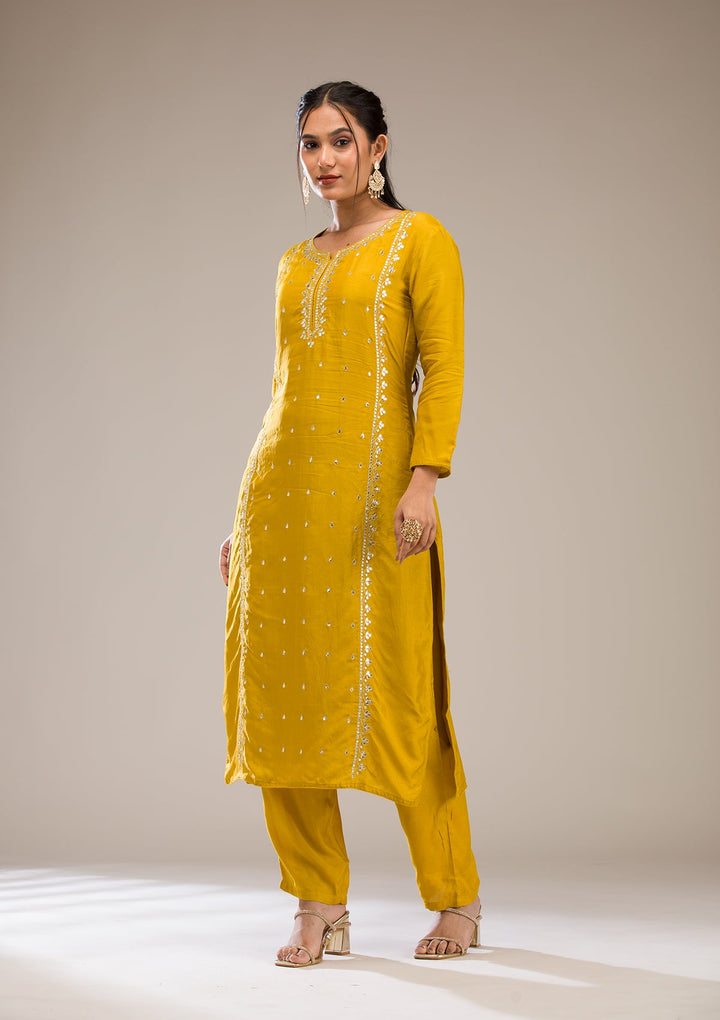 Mustard Gotapatti Semi Crepe Readymade Salwar Suit-Koskii