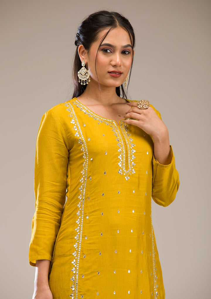 Mustard Gotapatti Semi Crepe Readymade Salwar Suit-Koskii