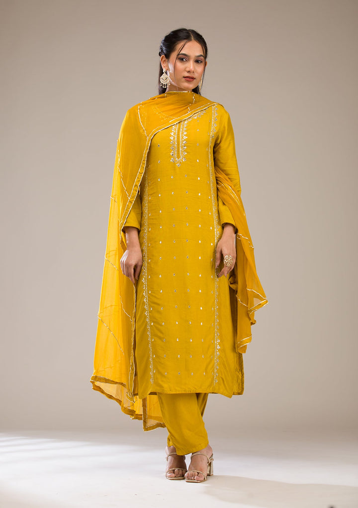 Mustard Gotapatti Semi Crepe Readymade Salwar Suit-Koskii