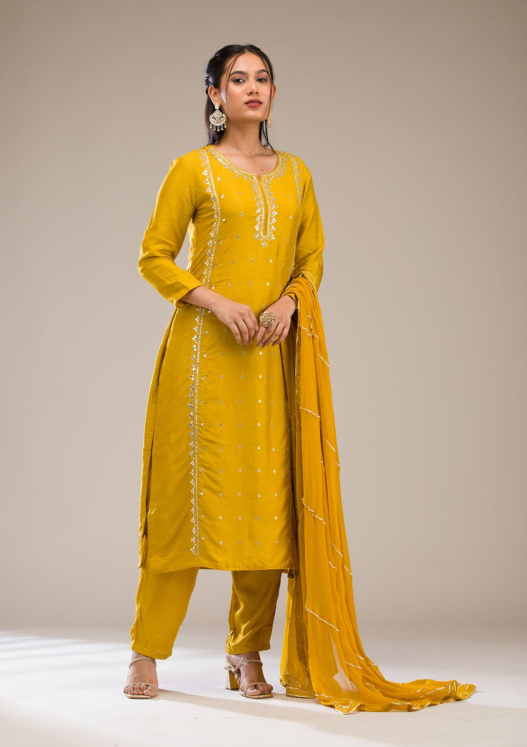 Mustard Gotapatti Semi Crepe Readymade Salwar Suit-Koskii