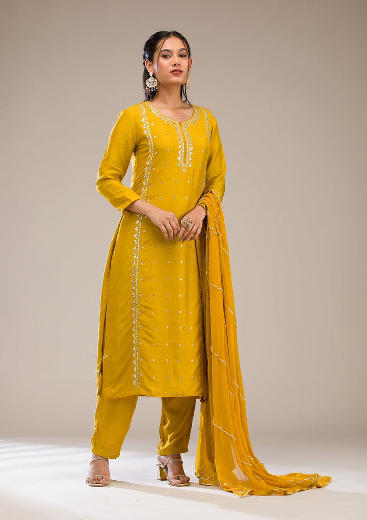 Mustard Gotapatti Semi Crepe Readymade Salwar Suit-Koskii
