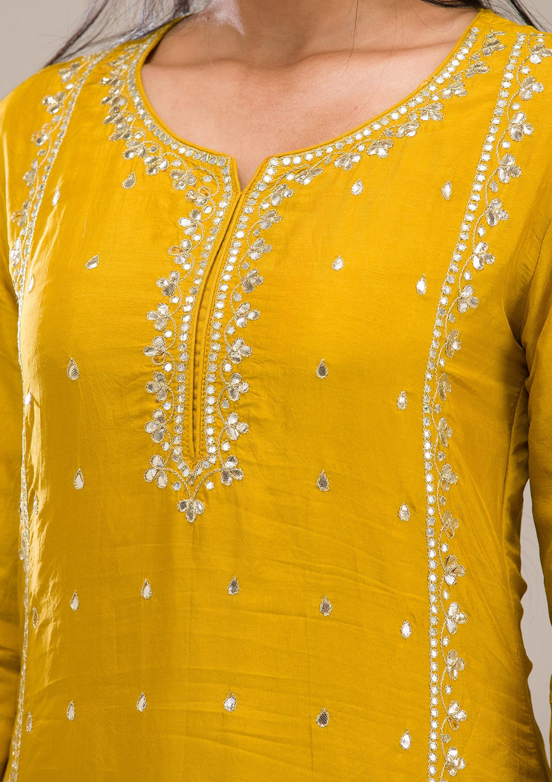 Mustard Gotapatti Semi Crepe Readymade Salwar Suit-Koskii