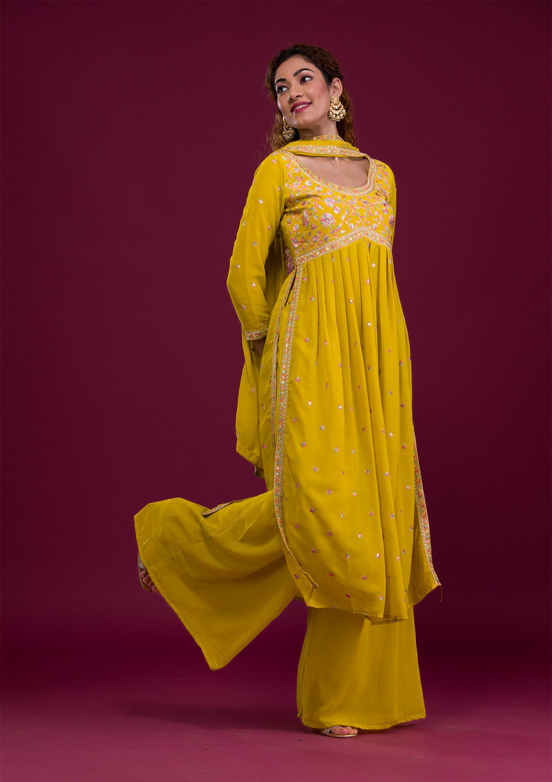 Mustard Kashmiri Georgette Readymade Salwar Kameez-Koskii