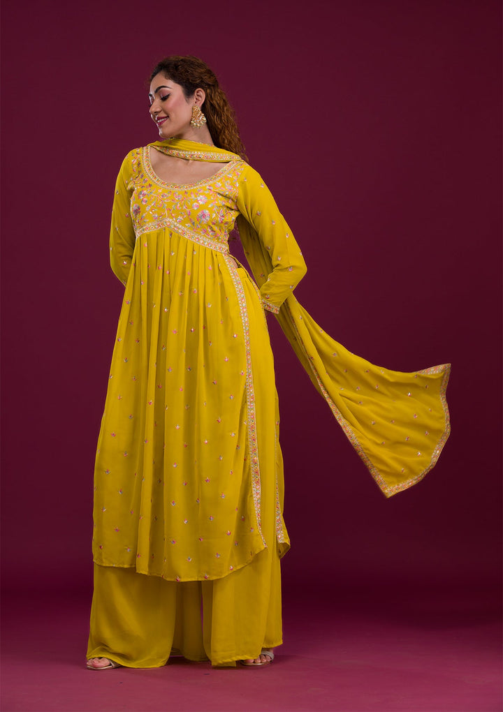 Mustard Kashmiri Georgette Readymade Salwar Kameez-Koskii